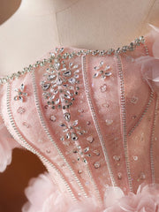 A-Line Tulle Beads Pink Short Prom Dress, Pink Homecoming Dress