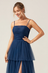 Navy blue A-line thin shoulder strap chiffon pleated long slit bridesmaid dress
