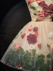 Champagne 3D Flower Tulle Short Prom Dress, Cute Champagne Homecoming Dress