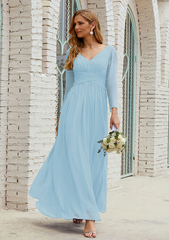 A-line V Neck FullLong Sleeve Ankle-Length Chiffon Mother of the Bride Dress With Pleated Pure Color