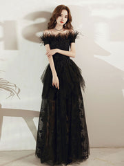 Black tulle lace long prom dress black tulle lace evening dress