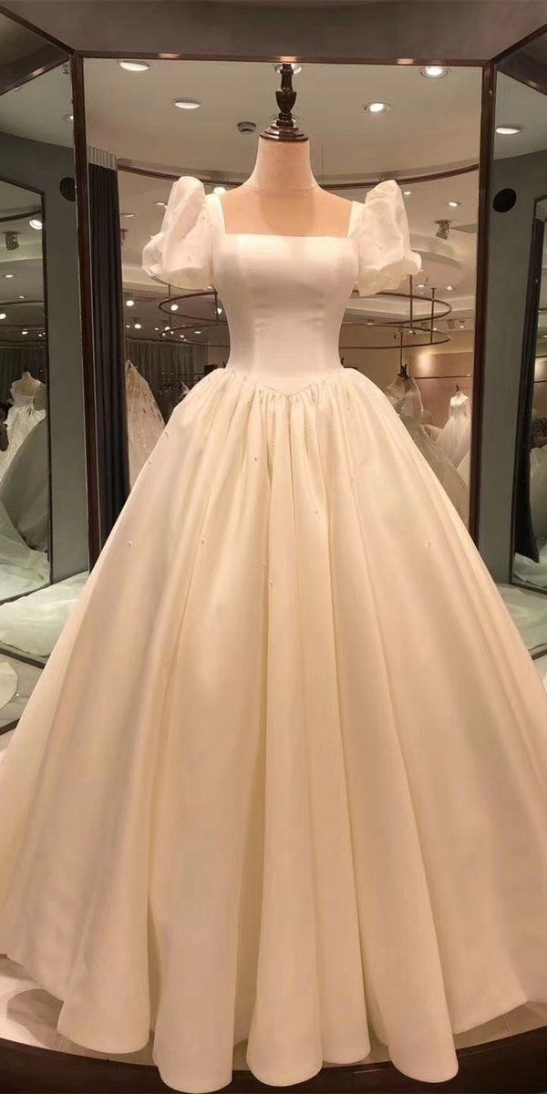 Simple A-Line Satin White Long Wedding Dress Bridal Dress Birthday Outfits, HZ0319