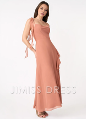 Jimiss slim shoulder chiffon asymmetrical ruffle edge side slit and floor length Prom dress