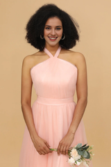 Powder blusher A-shaped neck and floor tulle bridesmaid dress