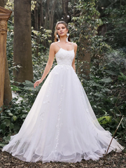 Gorgeous decal details backless lace up thin shoulder straps and floor length wedding dress