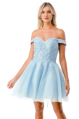 Embroidered applique short off shoulder dress