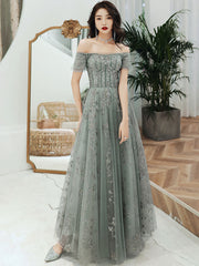 Gray green tulle lace long prom dress gray green evening dress