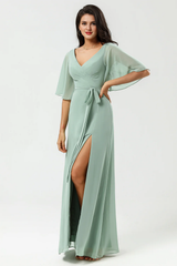 A-link V-neck long chiffon matcha slit bridesmaid dress