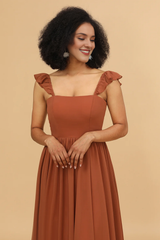 Red earth A-line ruffled and ground chiffon bridesmaid dress