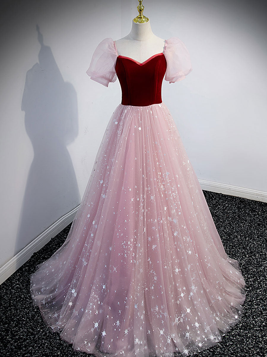 Simple pink A line tulle long prom dress, pink evening dress