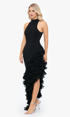 Hanging neck high and low skirt ruffle edge and floor length dress