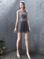 Cute gray tulle lace short prom dress, homecoming dress