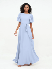Bow fluttering sleeves chiffon bridesmaid dress