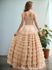 Ball Gown Short Sleeves Layers Prom Dress
