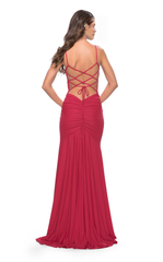 V-neck slim shoulder strap tight corset and floor length evening dress