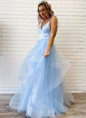 Sleeveless A-Line Pink Tulle V-neck Long Prom Dress