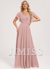 Ruffled A-line V-neck Floor-length Mesh Bridesmaids Dress