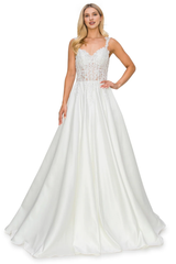 Flower decal long sleeveless satin wedding dress