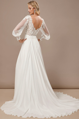 A-line V-neck palace trailing long sleeved lace chiffon wedding dress
