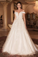 Flower decal long off shoulder white wedding dress