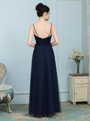 Tulle Spaghetti Straps Navy Blue Prom Dress with Appliques