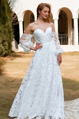 White organza off shoulder and floor length wedding dress