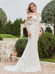 Off shoulder applique tight lace bridal gown