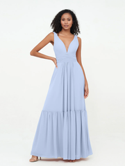 Deep V-neck chiffon layered skirt Bohemian style dress