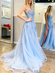 Spagehtti Straps Appliques A-Line Blue Tulle Prom Dress