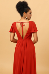 Rusty red A-line slit and floor length bridesmaid dress