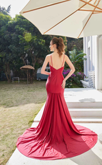 V-neck thin shoulder strap with exposed back side slit and floor length evening dress