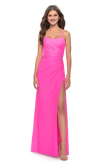 Square neckline sleeveless tight corset with side slits and floor length evening dress