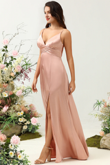 Powder blusher A-line thin shoulder belt bright slit satin bridesmaid dress