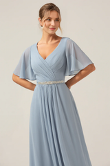 Grey blue A-line V-neck chiffon short sleeved and floor length bridesmaid dress
