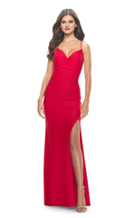 Thin shoulder strap V-neck sleeveless backless tight side slit and floor length evening dress