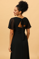 Black A-line V-neck slit chiffon and floor length bridesmaid dress