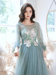Green round neck tulle lace long prom dress, green evening dress