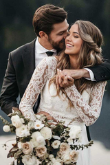 Two Piece Round Neck Lace Top Chiffon Iovry Wedding Dresses with Long Sleeves