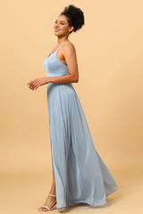 Grey blue pleated chiffon slit bridesmaid dress