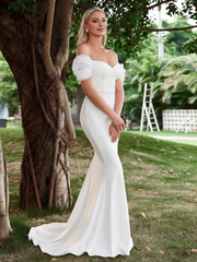 Mermaid off shoulder satin backless and floor length wedding dress