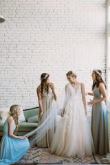 Beach A-line V Neck Lace Applique Ivory Wedding Dresses