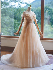 A Line Champagne Off the Shoulder Ruched Long Prom Dresses