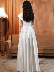 Simple white satin long prom dress, white long bridesmaid dress