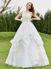 Lace tight corset V-neck sleeveless ruffled wedding dress