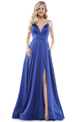 A-line V-neck sleeveless tight corset with side slits and floor length evening gown