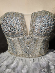 Gray Sweetheart Neck Tulle Beads Feather Short Prom Dress, Cute Gray Homecoming Dress