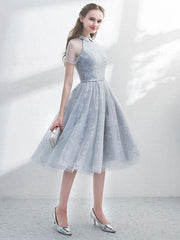 Cute gray tulle lace short prom dress, gray evening dress