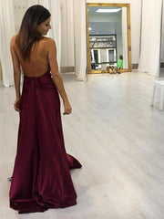 A Line Halter Neck Maroon/Burgundy Long Prom Dress with Slit, Maroon/Burgundy Formal Dress