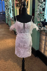 Dark Periwinkle Cold-Shoulder Feather Mini Homecoming Dress