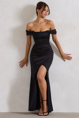 Off shoulder collar satin side slit and floor length evening dress - jimiss dress